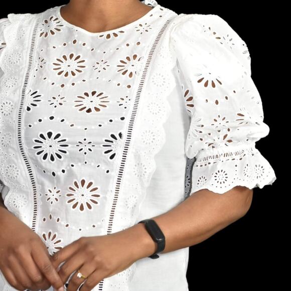 Veronica Beard Gale Blouse White Floral Eyelet Cotton Top Lattice Scallop Size 2 - Picture 10 of 16